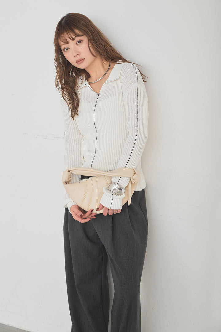 [SET]衿付きニットプルオーバー+サイドベルトタック入りスラックス(2set)