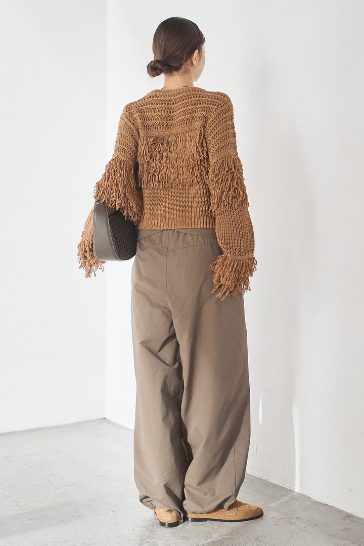 [SET]メッシュフリンジ切り替えプルオーバー+合繊ツイルスタンドウエスト巻きジョガーパンツ(2set)