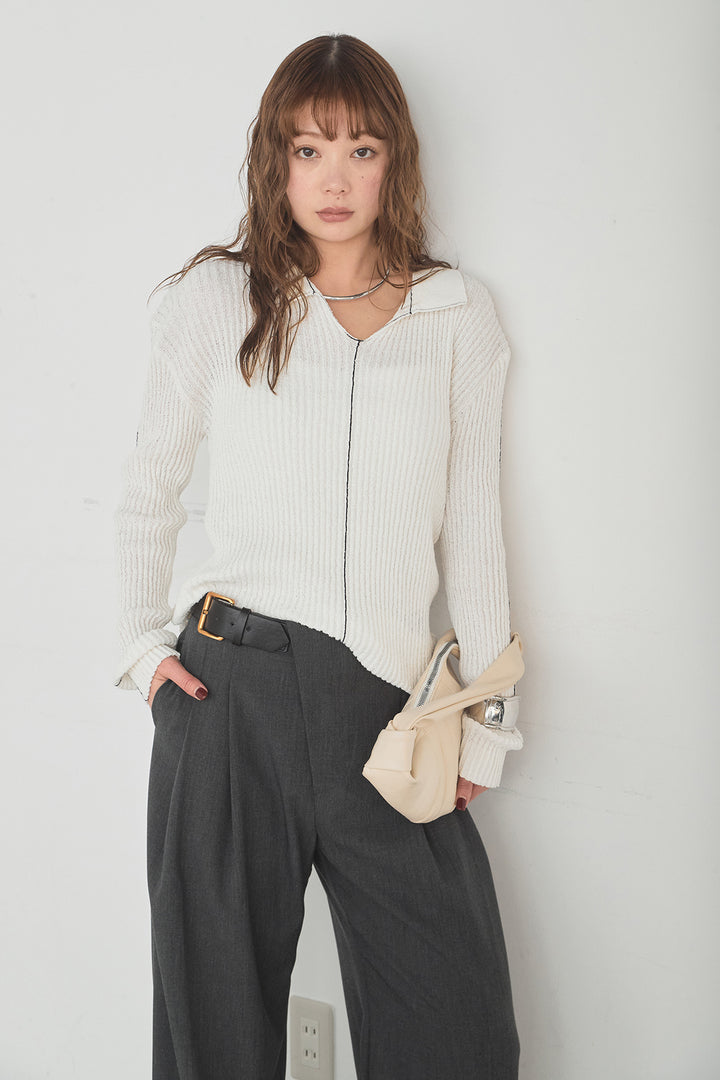 [SET]衿付きニットプルオーバー+サイドベルトタック入りスラックス(2set)