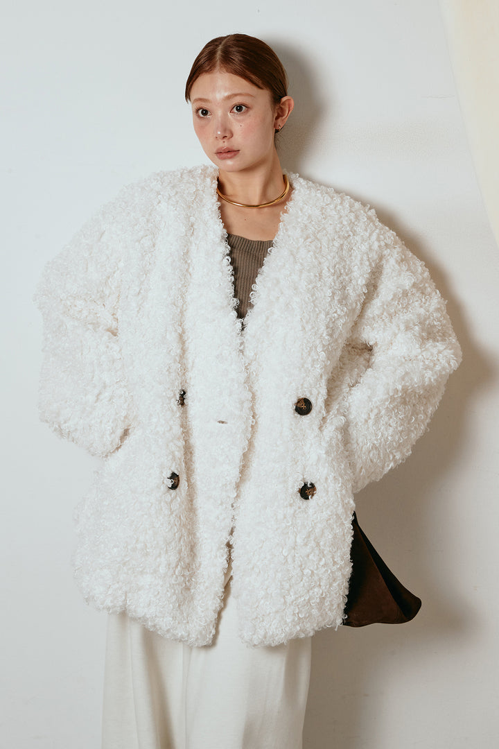 [SET]シープライクファージャケット+フェイクレザー太ベルト付きタックワイドパンツ(2set)