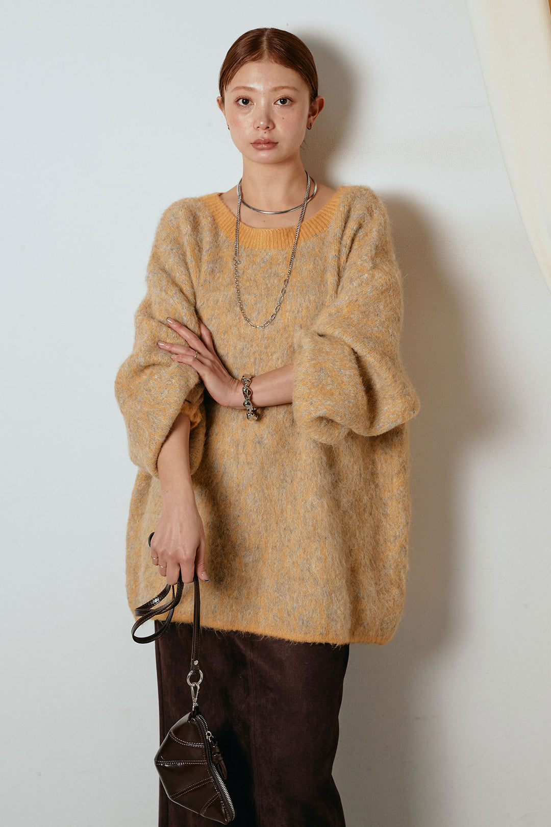 [SET]ボリュームスリーブミックスニットトップス+スウェードライク裾フリンジスカート(2set)