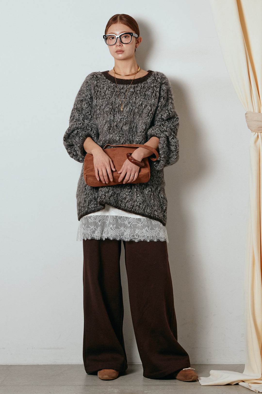 [SET]ボリュームスリーブミックスニットトップス+レース切り替えキャミソール(2set)