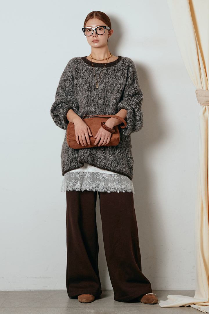 [SET]ボリュームスリーブミックスニットトップス+レース切り替えキャミソール(2set)