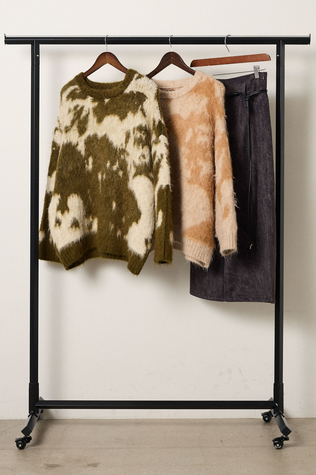 【着回しセット】[SET]モヘアタッチマーブルニット+モヘアタッチマーブルニット+ロープベルト付きスウェード調スカート(3set)