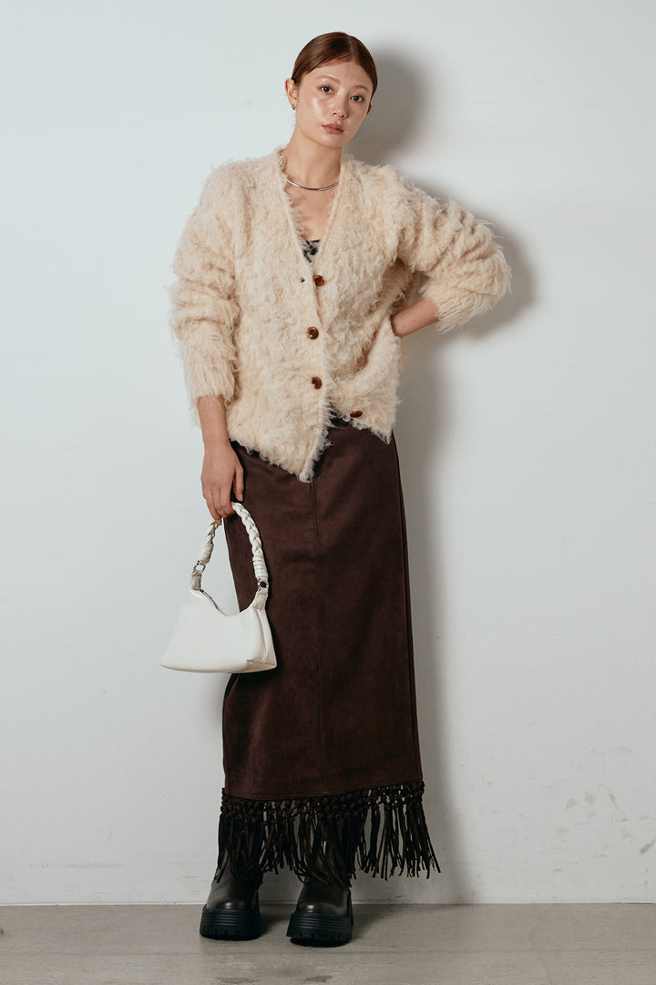 [SET]ルーズシャギーニットカーディガン+スウェードライク裾フリンジスカート(2set)