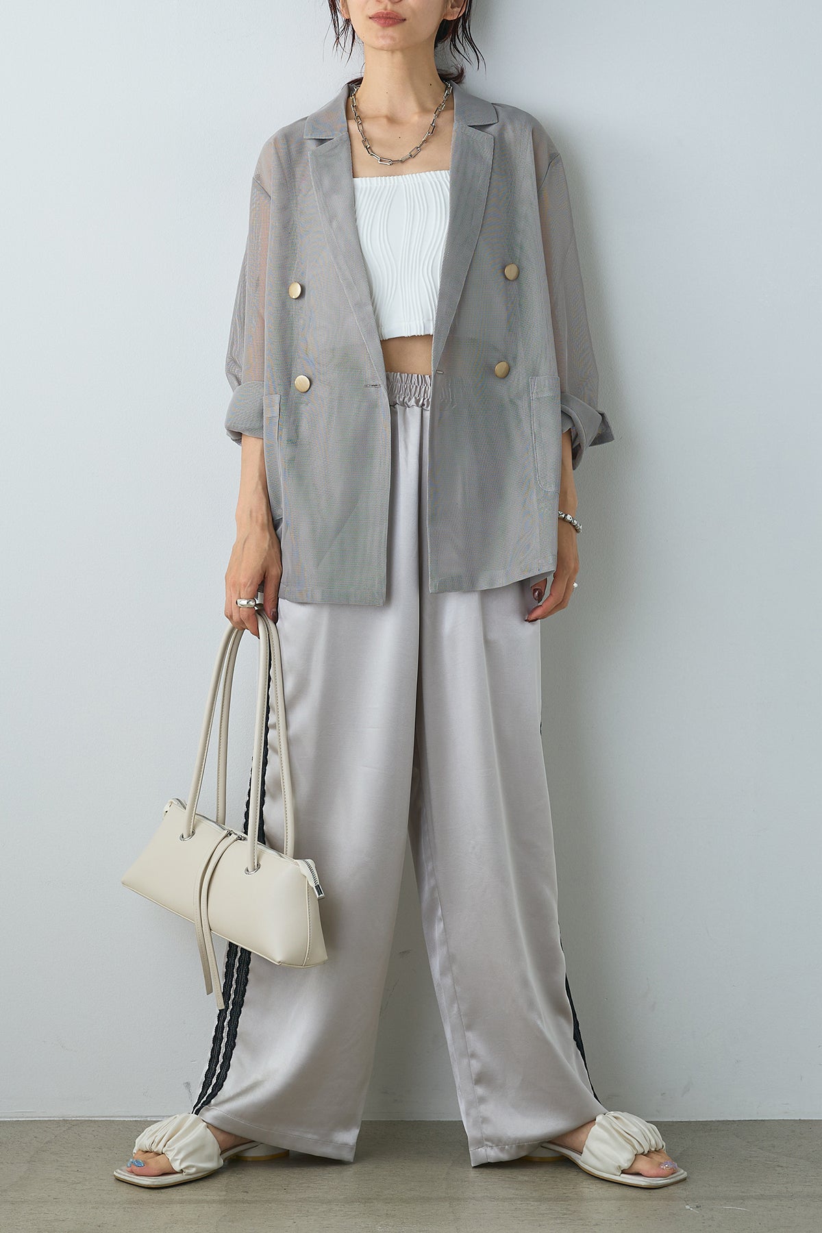 SET]シアーダブルテーラードジャケット+サテンレースライン