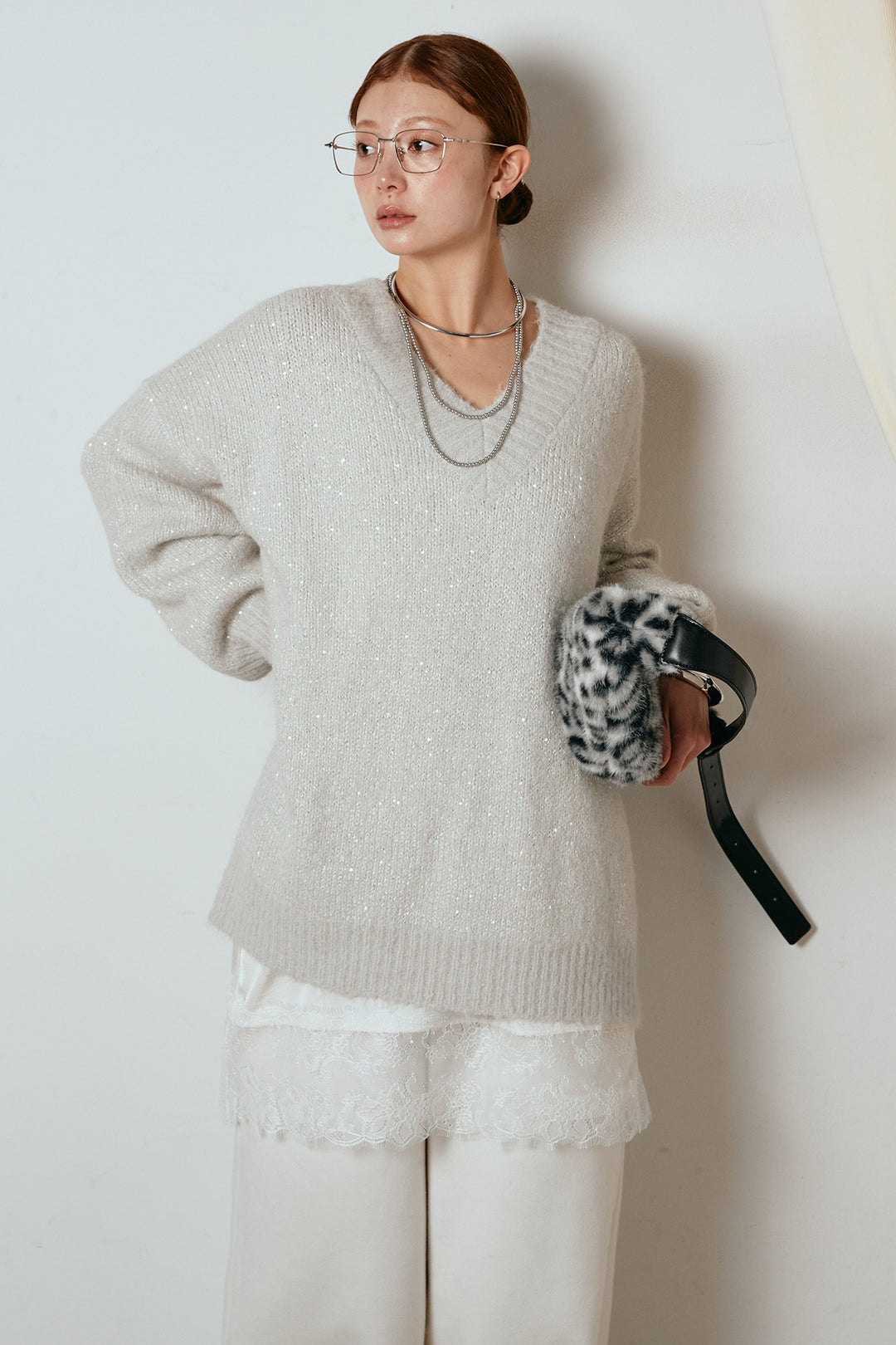 [SET]Vネックルーズラメニットトップス+裏起毛スウェットワイドパンツ(2set)