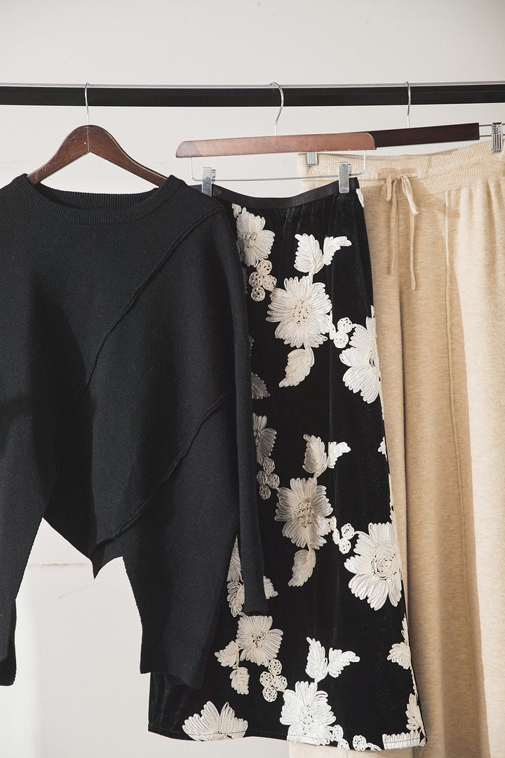 【着回しセット】[SET]アシンメトリーデザインニットトップス+センターラインニットパンツ+フラワー刺繍ワイドスカート(3set)