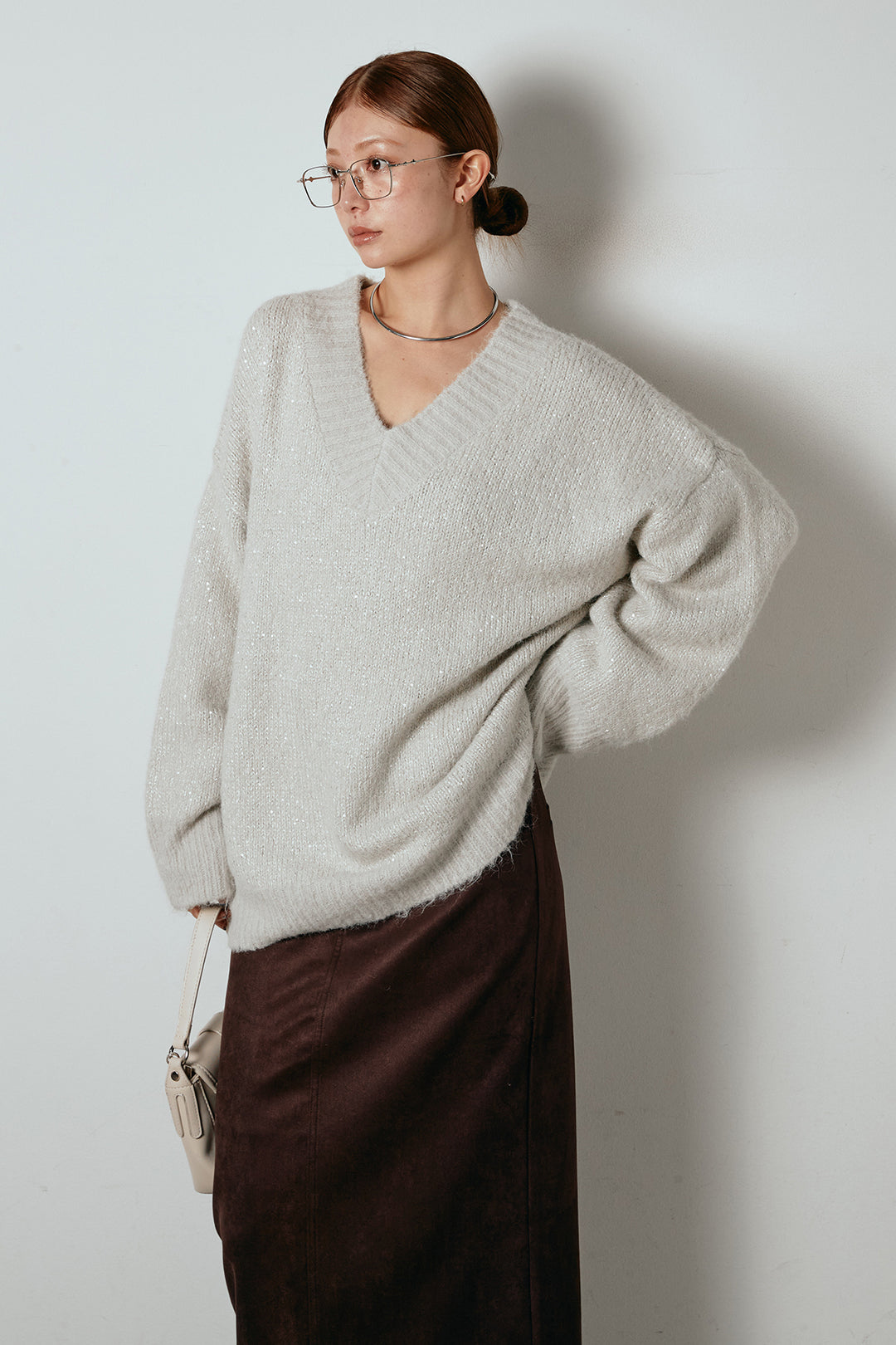 [SET]Vネックルーズラメニットトップス+スウェードライク裾フリンジスカート(2set)