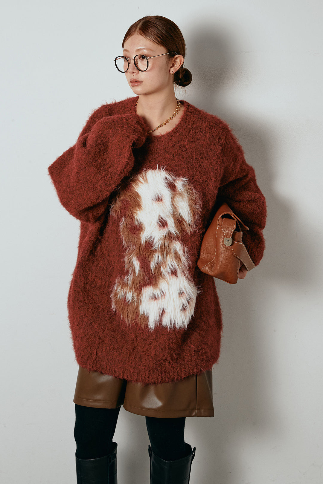 [SET]シャギーニュアンスアニマルニット+ストレッチエコレザーバミューダパンツ(2set)