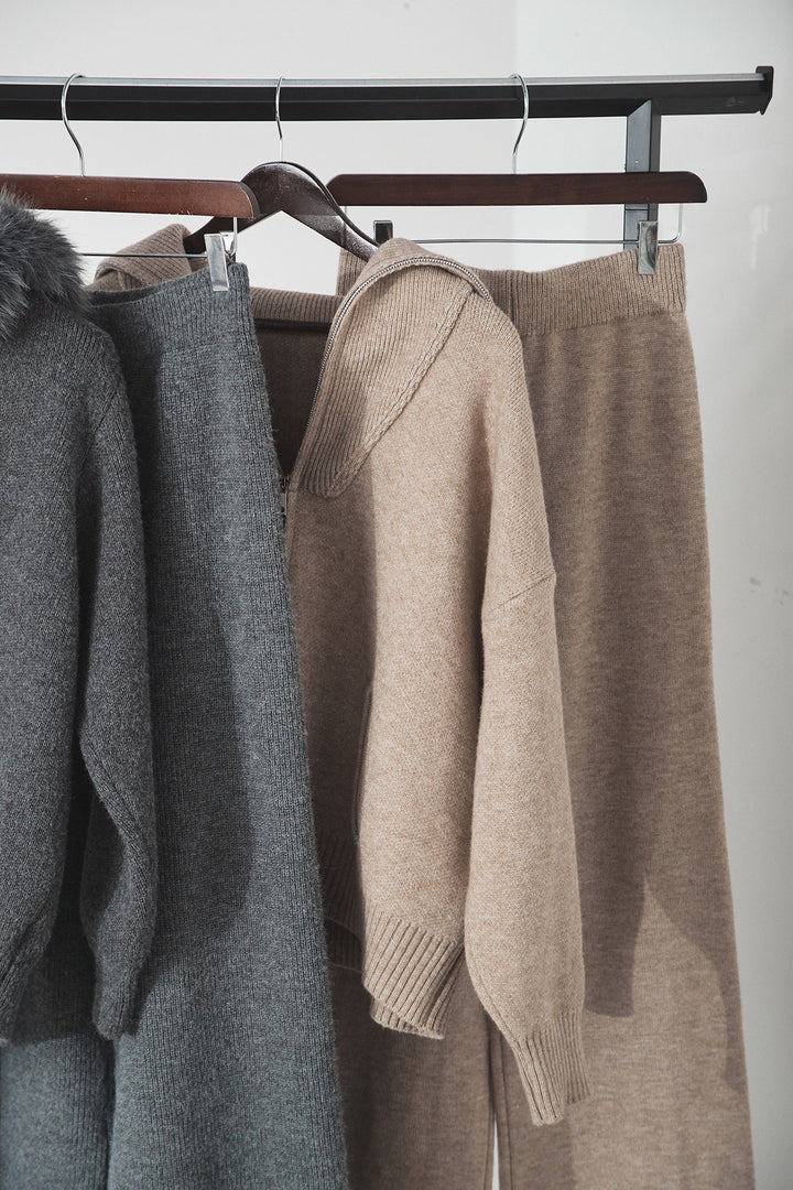 【着回しセット】[SET]ファー付きフーディーニットSETUP+ビッグカラーダブルジップニットSETUP(2set)