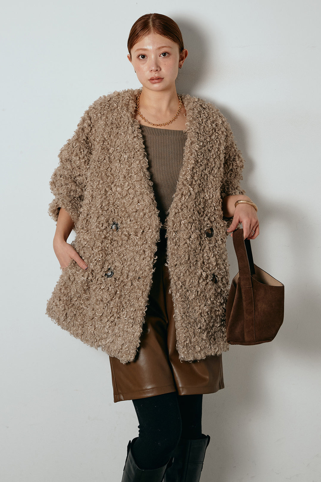 [SET]シープライクファージャケット+ストレッチエコレザーバミューダパンツ(2set)