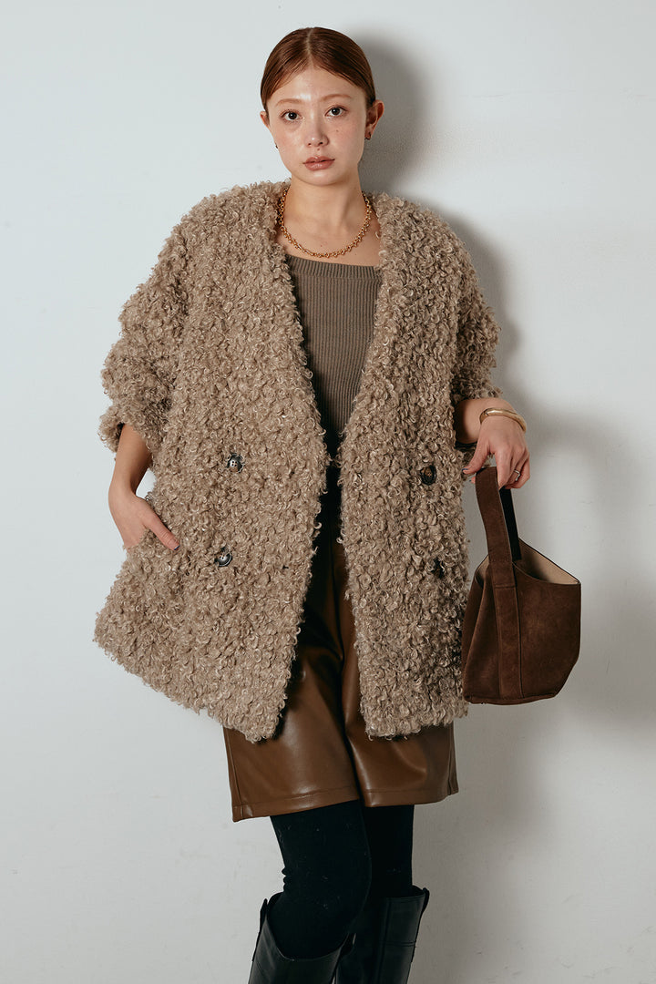 [SET]シープライクファージャケット+ストレッチエコレザーバミューダパンツ(2set)