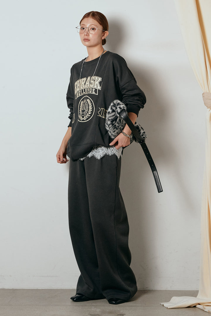 [SET]裏毛カレッジプリントプルオーバー+裏起毛スウェットワイドパンツ+カップ付きレースドッキングキャミソール(3set)