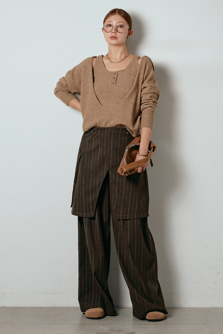 [SET]襟付きレイヤードニットトップス+細ストライプレイヤードデザインパンツ(2set)