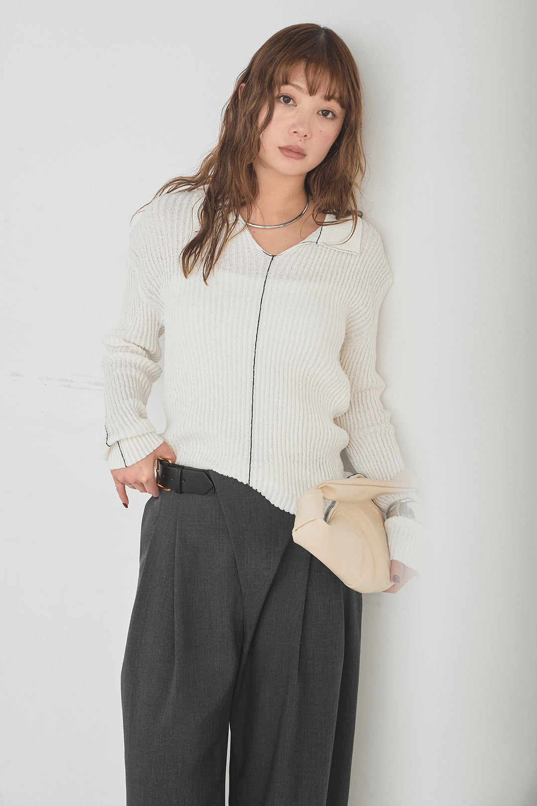 [SET]衿付きニットプルオーバー+サイドベルトタック入りスラックス(2set)