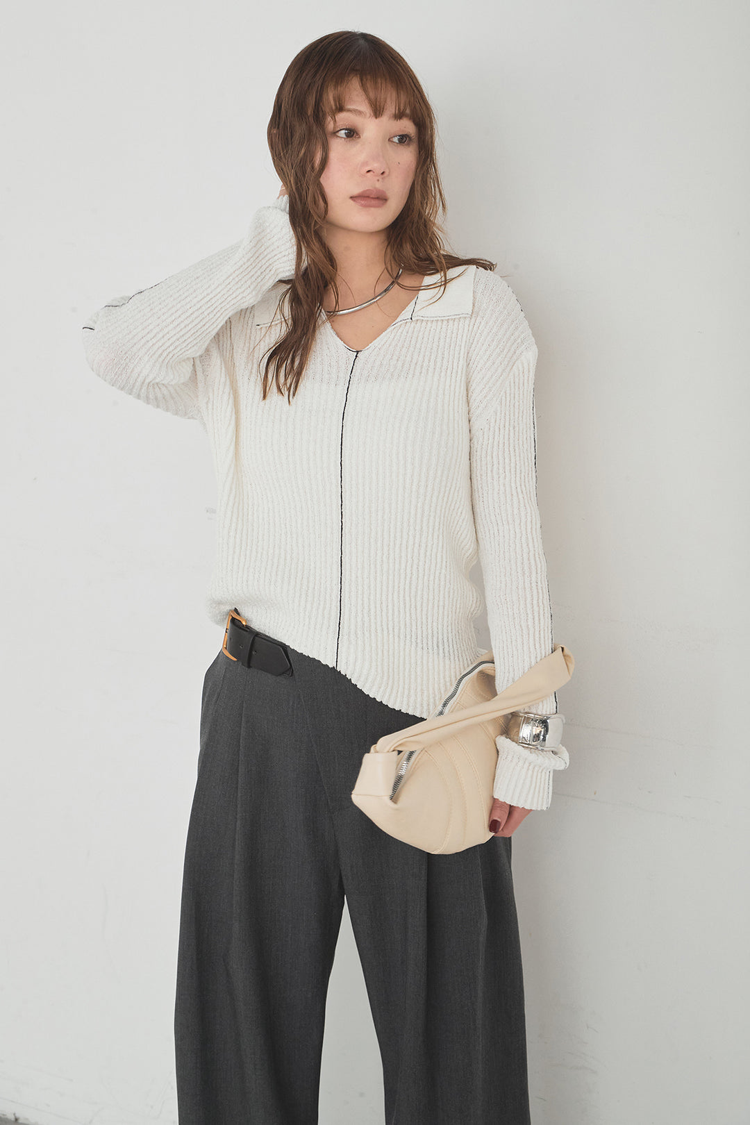 [SET]衿付きニットプルオーバー+サイドベルトタック入りスラックス(2set)