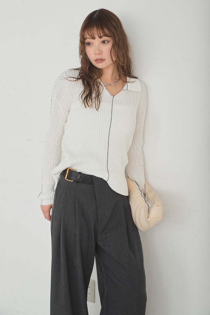 [SET]衿付きニットプルオーバー+サイドベルトタック入りスラックス(2set)