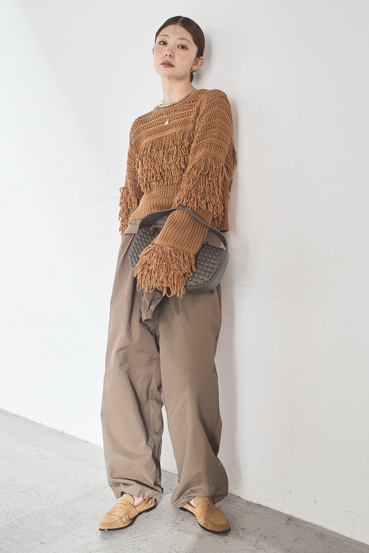 [SET]メッシュフリンジ切り替えプルオーバー+合繊ツイルスタンドウエスト巻きジョガーパンツ(2set)