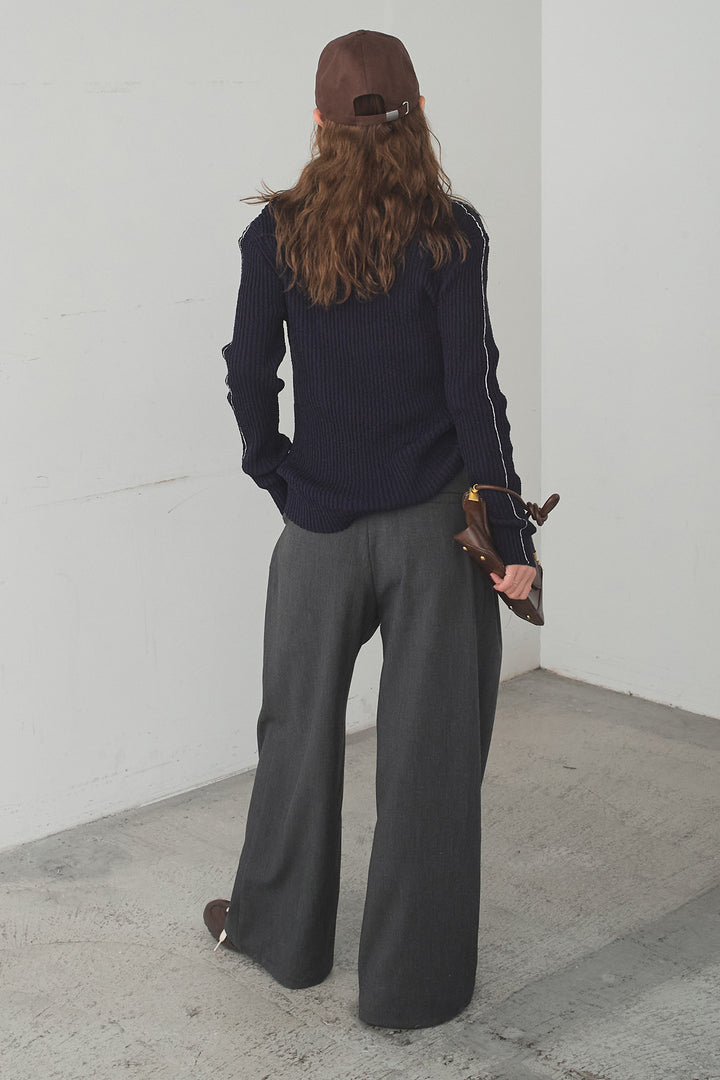 [SET]衿付きニットプルオーバー+サイドベルトタック入りスラックス(2set)