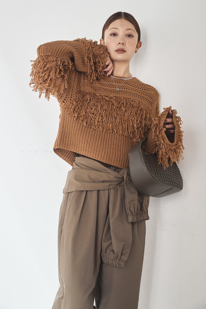 [SET]メッシュフリンジ切り替えプルオーバー+合繊ツイルスタンドウエスト巻きジョガーパンツ(2set)