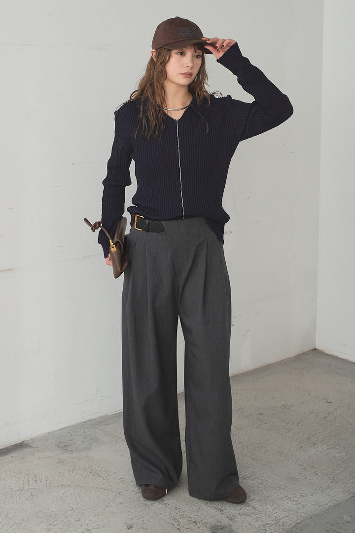 [SET]衿付きニットプルオーバー+サイドベルトタック入りスラックス(2set)