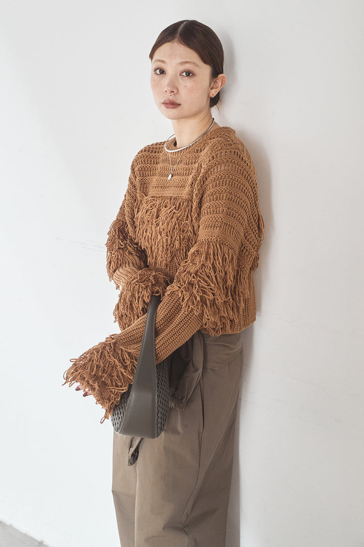 [SET]メッシュフリンジ切り替えプルオーバー+合繊ツイルスタンドウエスト巻きジョガーパンツ(2set)