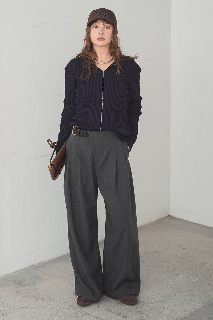 [SET]衿付きニットプルオーバー+サイドベルトタック入りスラックス(2set)