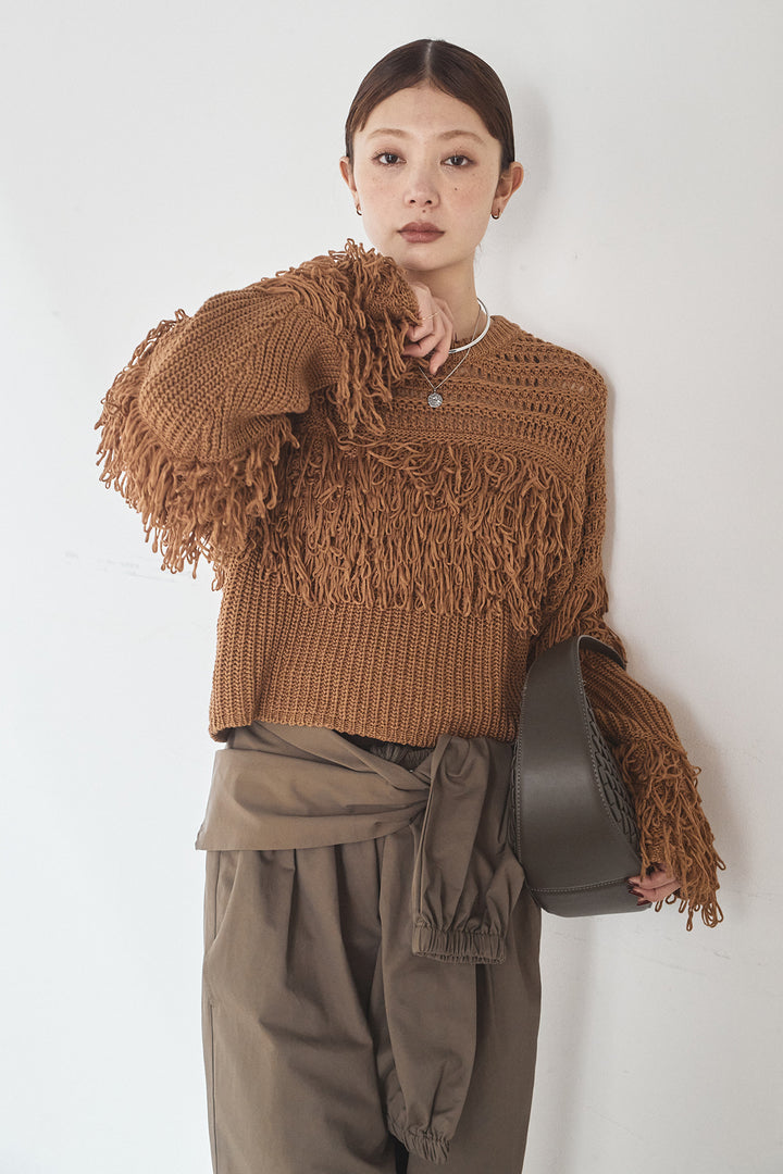 [SET]メッシュフリンジ切り替えプルオーバー+合繊ツイルスタンドウエスト巻きジョガーパンツ(2set)