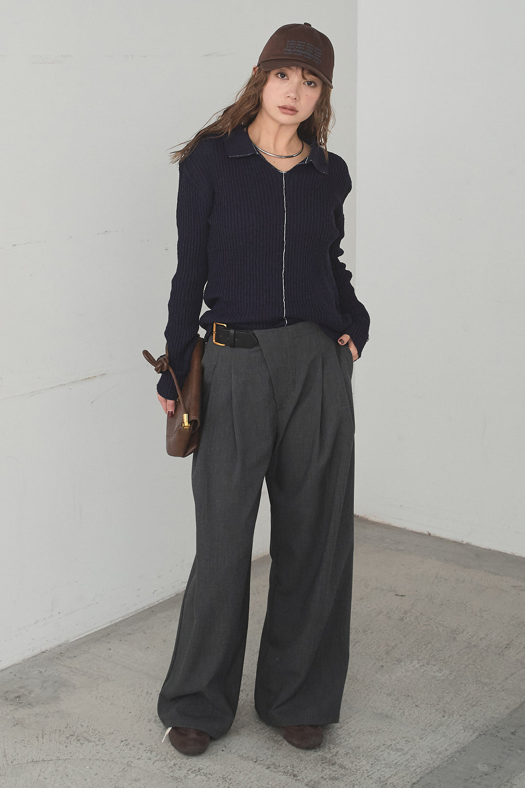 [SET]衿付きニットプルオーバー+サイドベルトタック入りスラックス(2set)