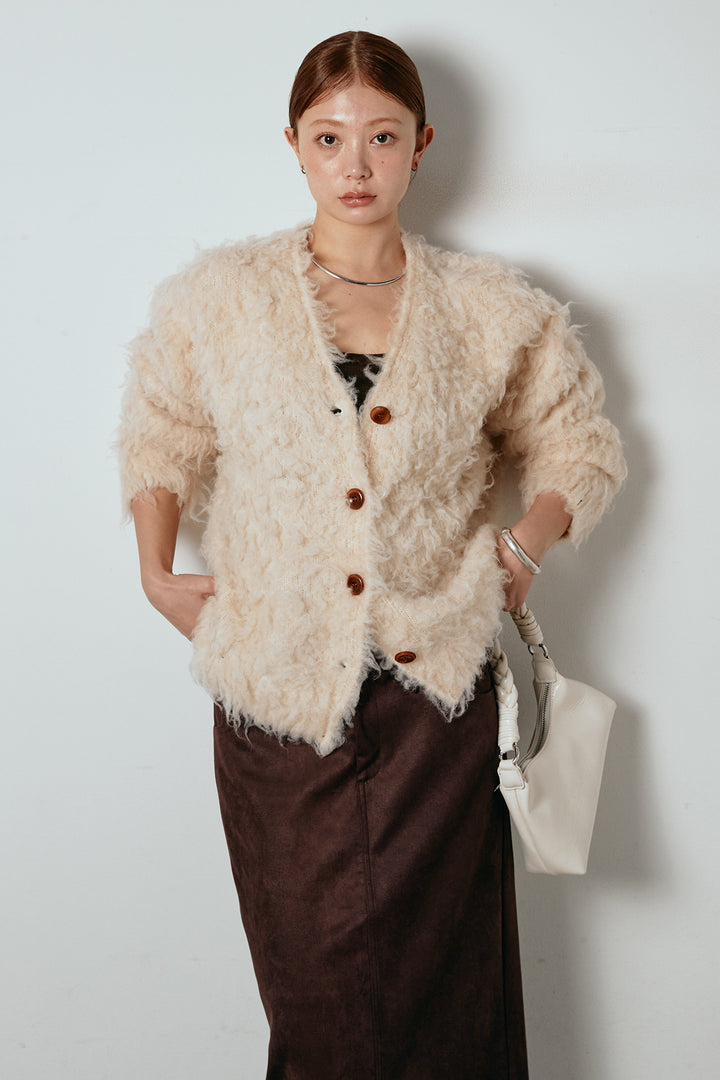 [SET]ルーズシャギーニットカーディガン+スウェードライク裾フリンジスカート(2set)