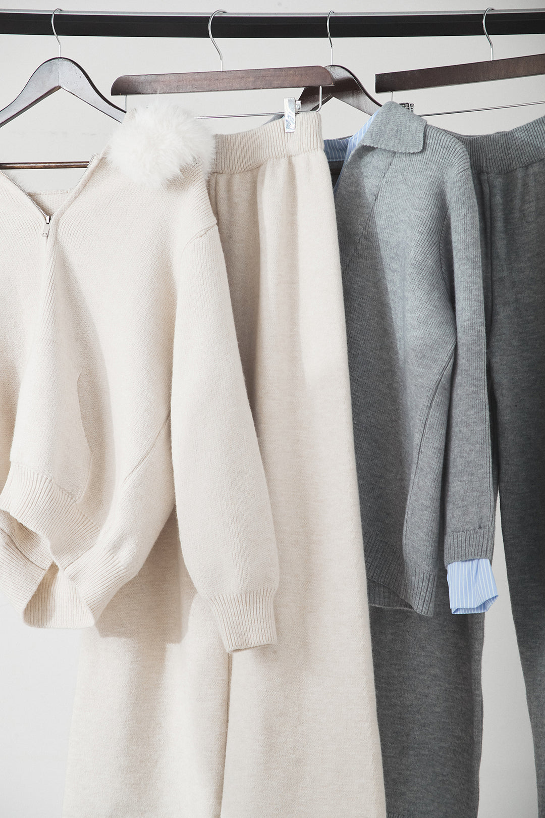 【着回しセット】[SET]ファー付きフーディーニットSETUP+ストライプドッキングニットポロSETUP(2set)