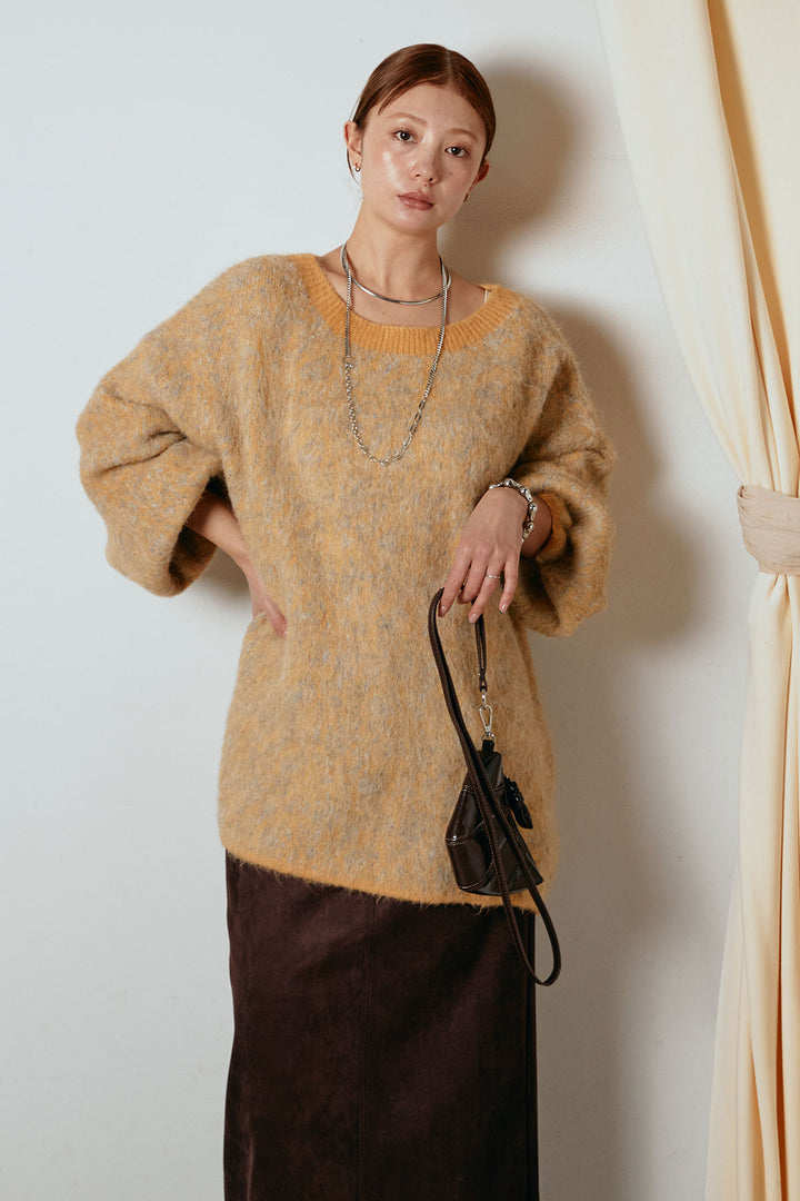 [SET]ボリュームスリーブミックスニットトップス+スウェードライク裾フリンジスカート(2set)