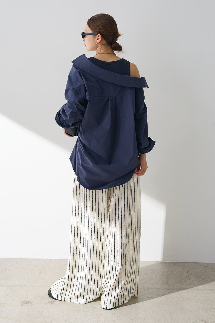 [SET]タンク付きアシメシャツ+レザーベルト付きストライプパンツ(2set)