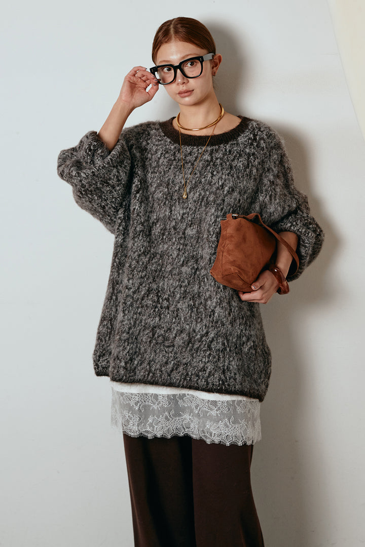 [SET]ボリュームスリーブミックスニットトップス+レース切り替えキャミソール(2set)