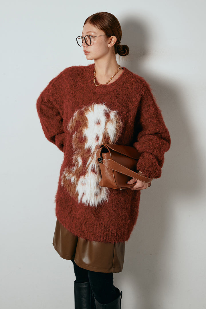 [SET]シャギーニュアンスアニマルニット+ストレッチエコレザーバミューダパンツ(2set)