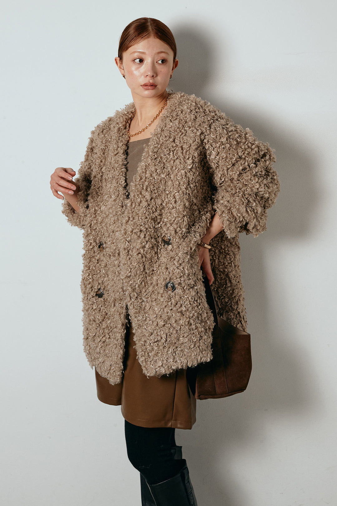 [SET]シープライクファージャケット+ストレッチエコレザーバミューダパンツ(2set)