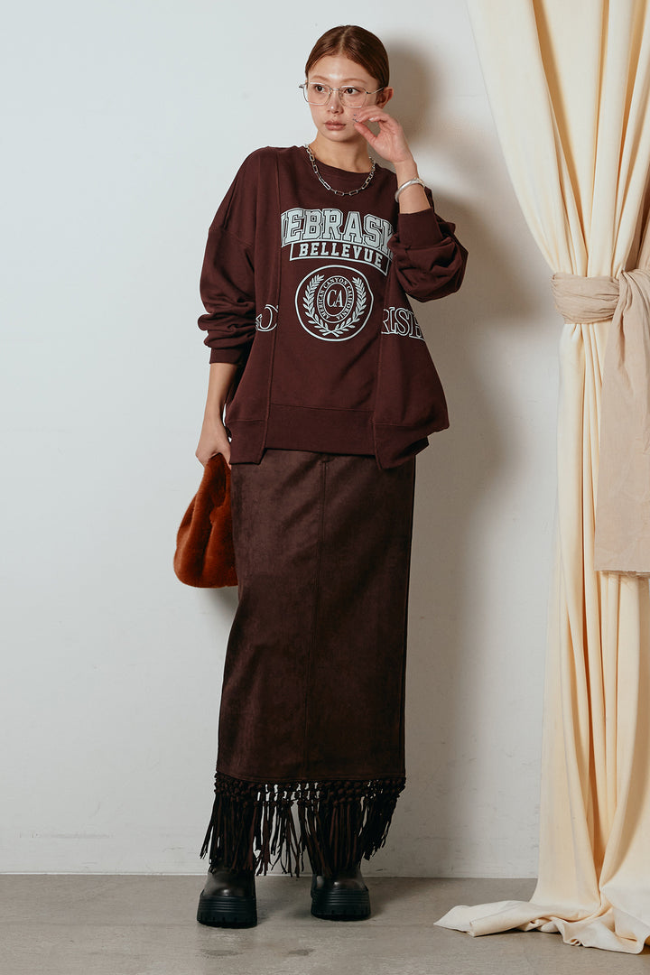 [SET]裏毛カレッジプリントプルオーバー+スウェードライク裾フリンジスカート(2set)