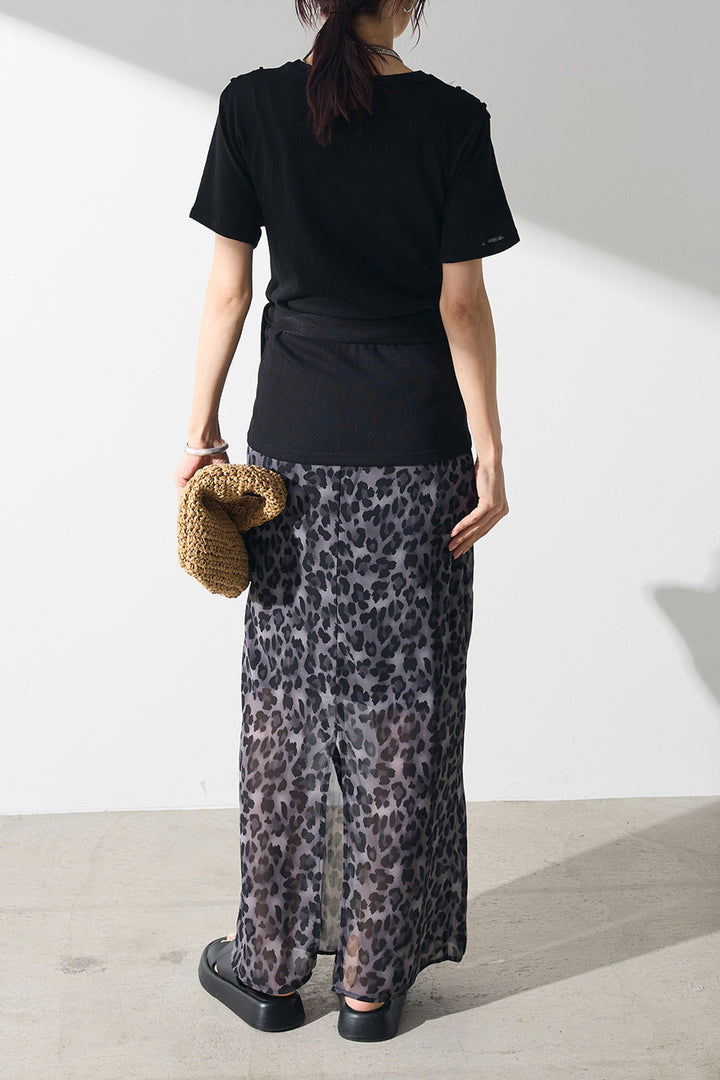 [SET]フロントタイTシャツ+レオパード柄ストレートスカート(2set)