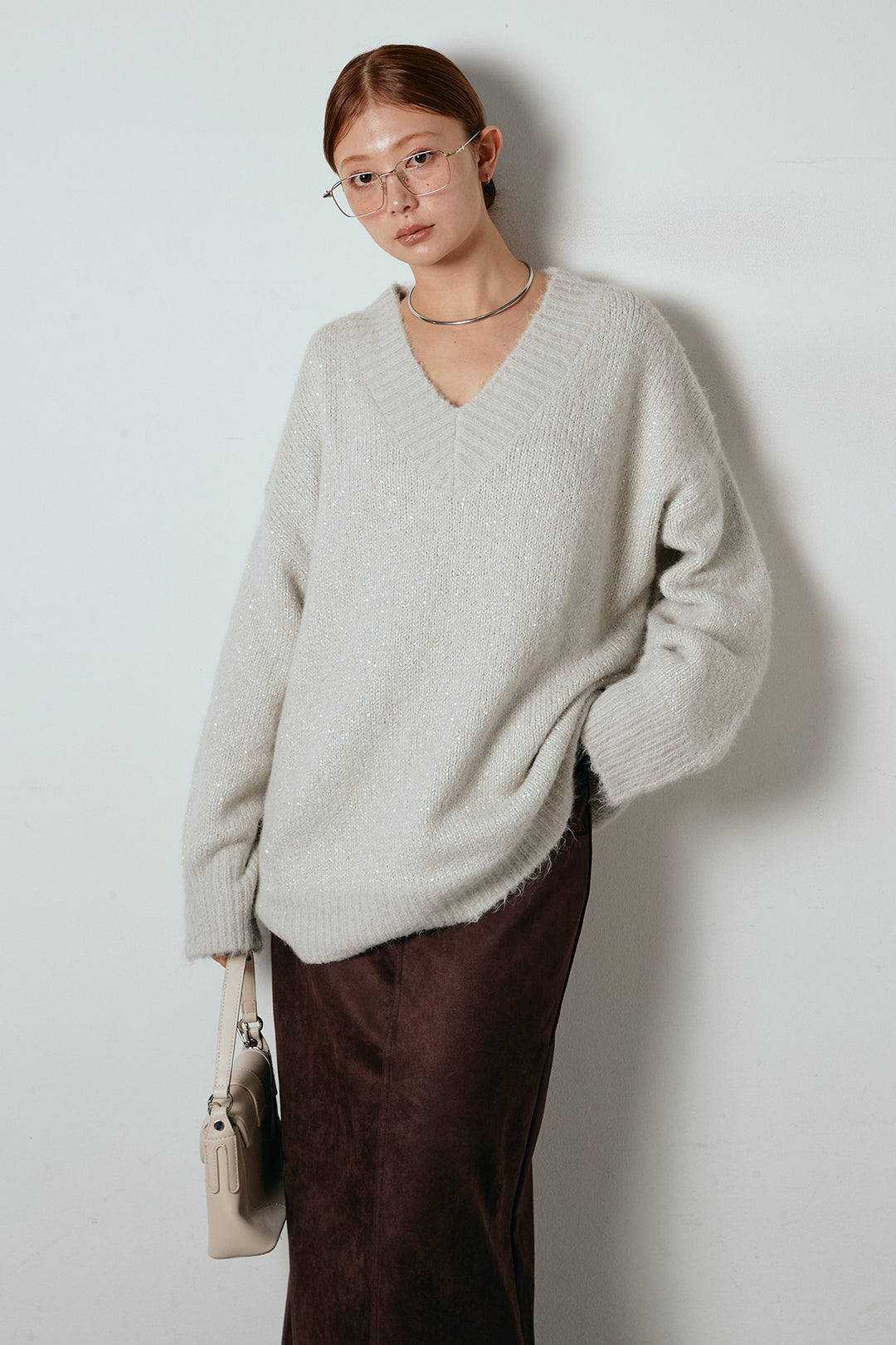 [SET]Vネックルーズラメニットトップス+スウェードライク裾フリンジスカート(2set)