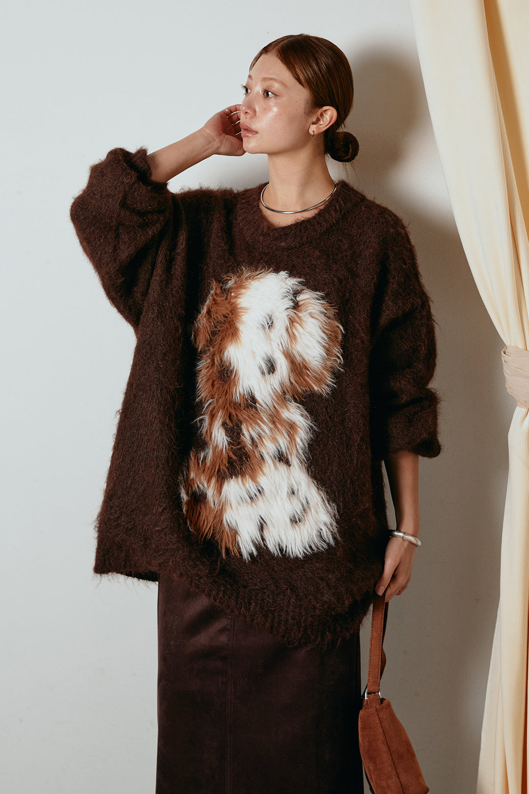 [SET]シャギーニュアンスアニマルニット+スウェードライク裾フリンジスカート(2set)