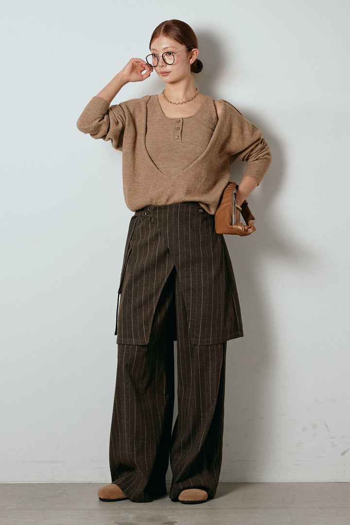 [SET]襟付きレイヤードニットトップス+細ストライプレイヤードデザインパンツ(2set)