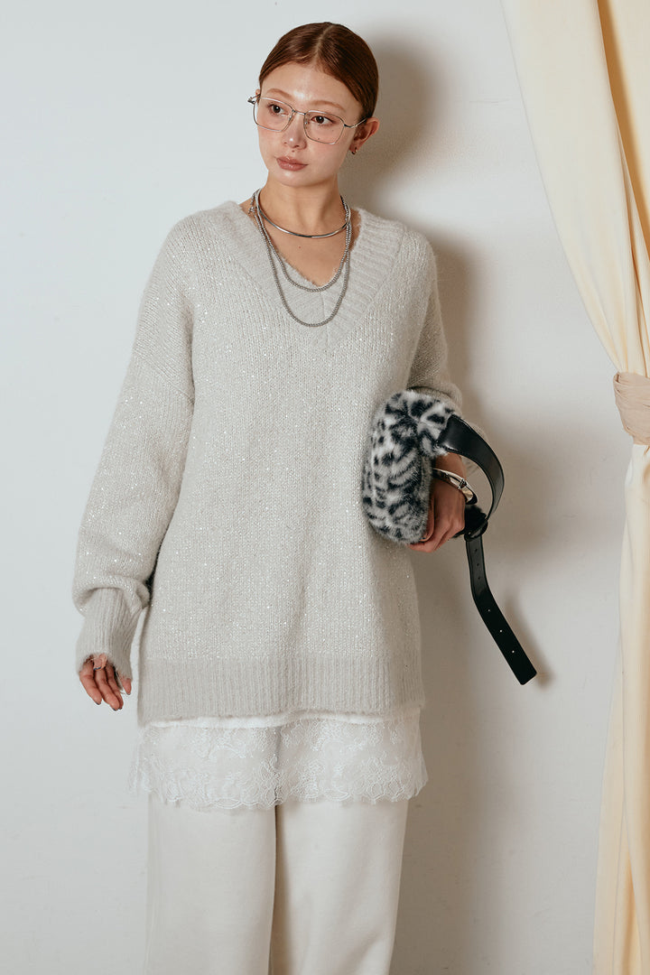 [SET]Vネックルーズラメニットトップス+レース切り替えキャミソール(2set)