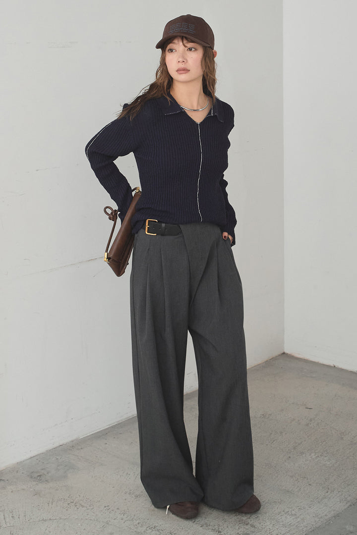 [SET]衿付きニットプルオーバー+サイドベルトタック入りスラックス(2set)