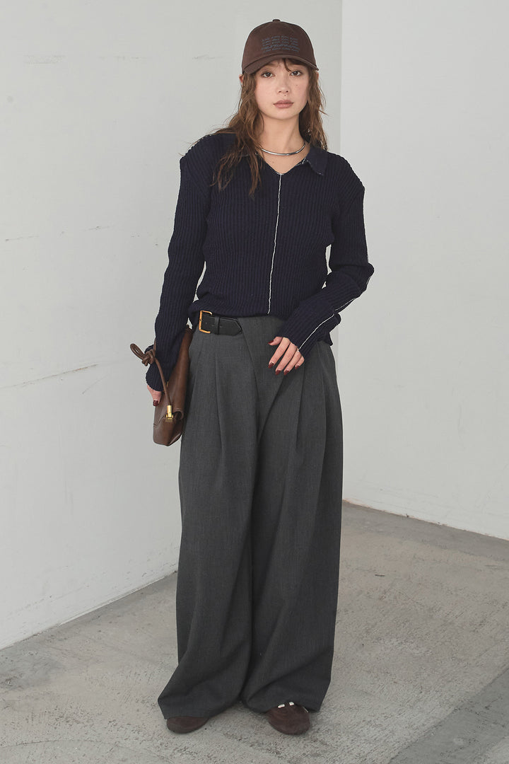 [SET]衿付きニットプルオーバー+サイドベルトタック入りスラックス(2set)