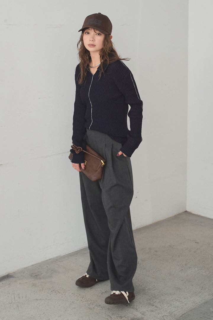 [SET]衿付きニットプルオーバー+サイドベルトタック入りスラックス(2set)