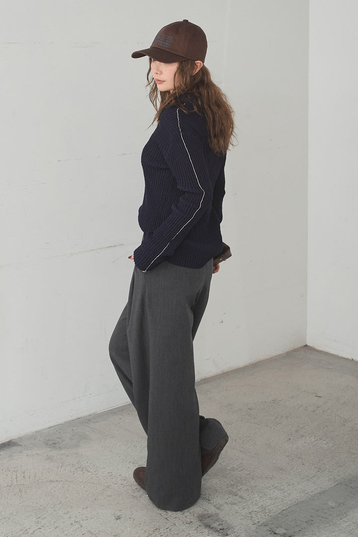 [SET]衿付きニットプルオーバー+サイドベルトタック入りスラックス(2set)