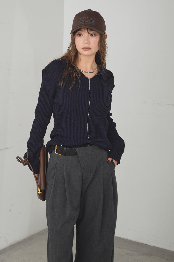 [SET]衿付きニットプルオーバー+サイドベルトタック入りスラックス(2set)