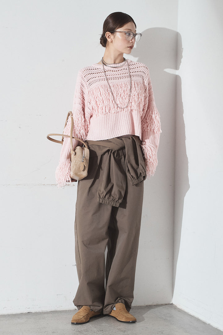 [SET]メッシュフリンジ切り替えプルオーバー+合繊ツイルスタンドウエスト巻きジョガーパンツ(2set)