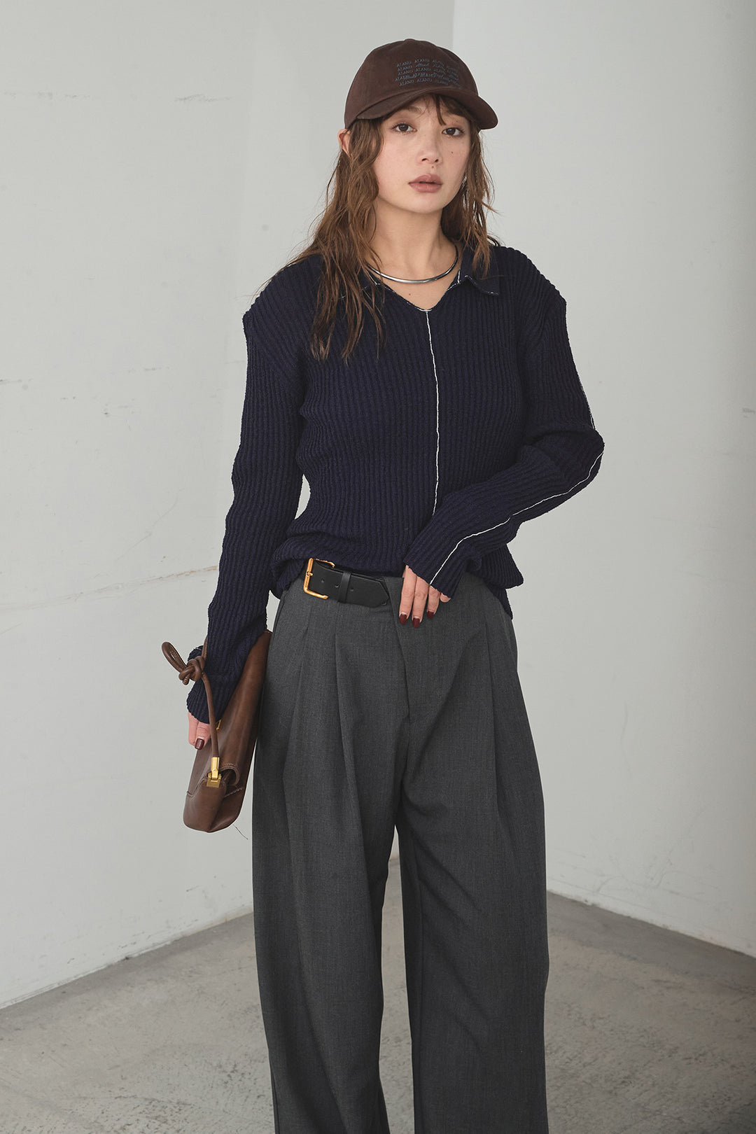 [SET]衿付きニットプルオーバー+サイドベルトタック入りスラックス(2set)